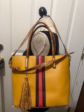 Gold Tote Red & Black Stripe & Tassel